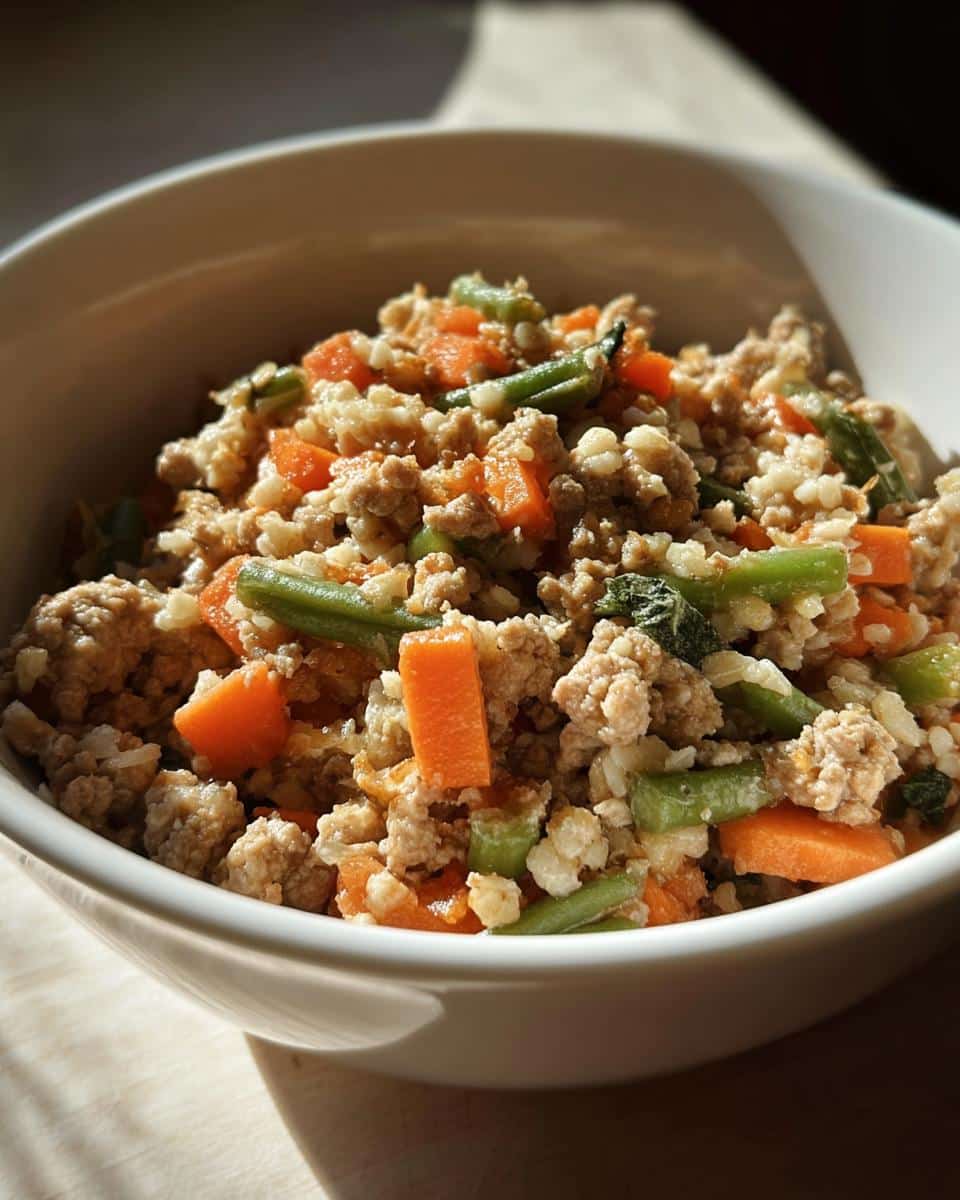 Close-up of a white bowl filled with homemade Turkey, Oatmeal & Pumpkin Mini-Batch Dog Food mix.