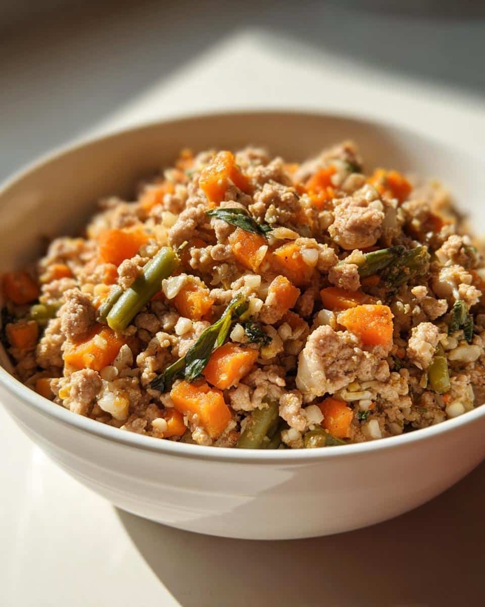 Close-up of homemade Turkey, Oatmeal & Pumpkin Mini-Batch Dog Food mix in a white bowl.