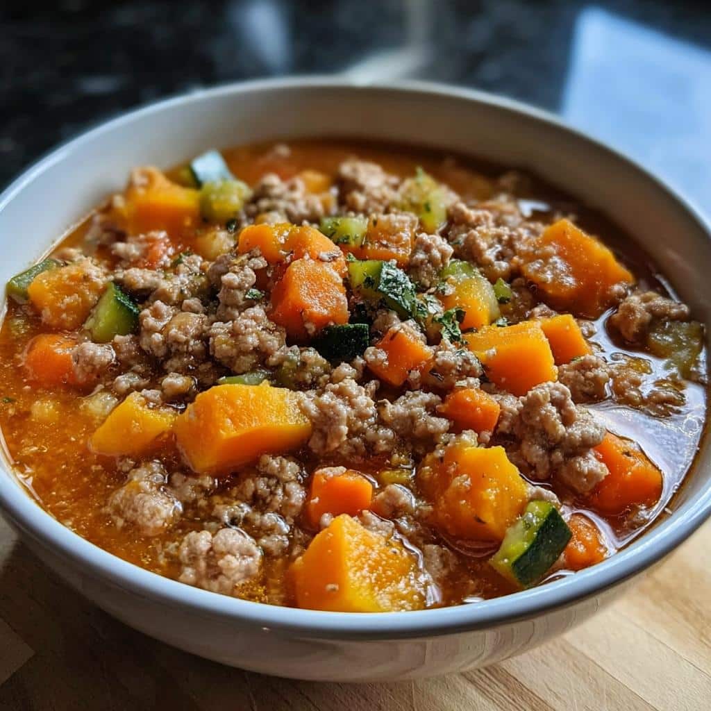 Close-up of homemade dog food featuring ground turkey, chunks of orange pumpkin, and green zucchini in a white bowl.
