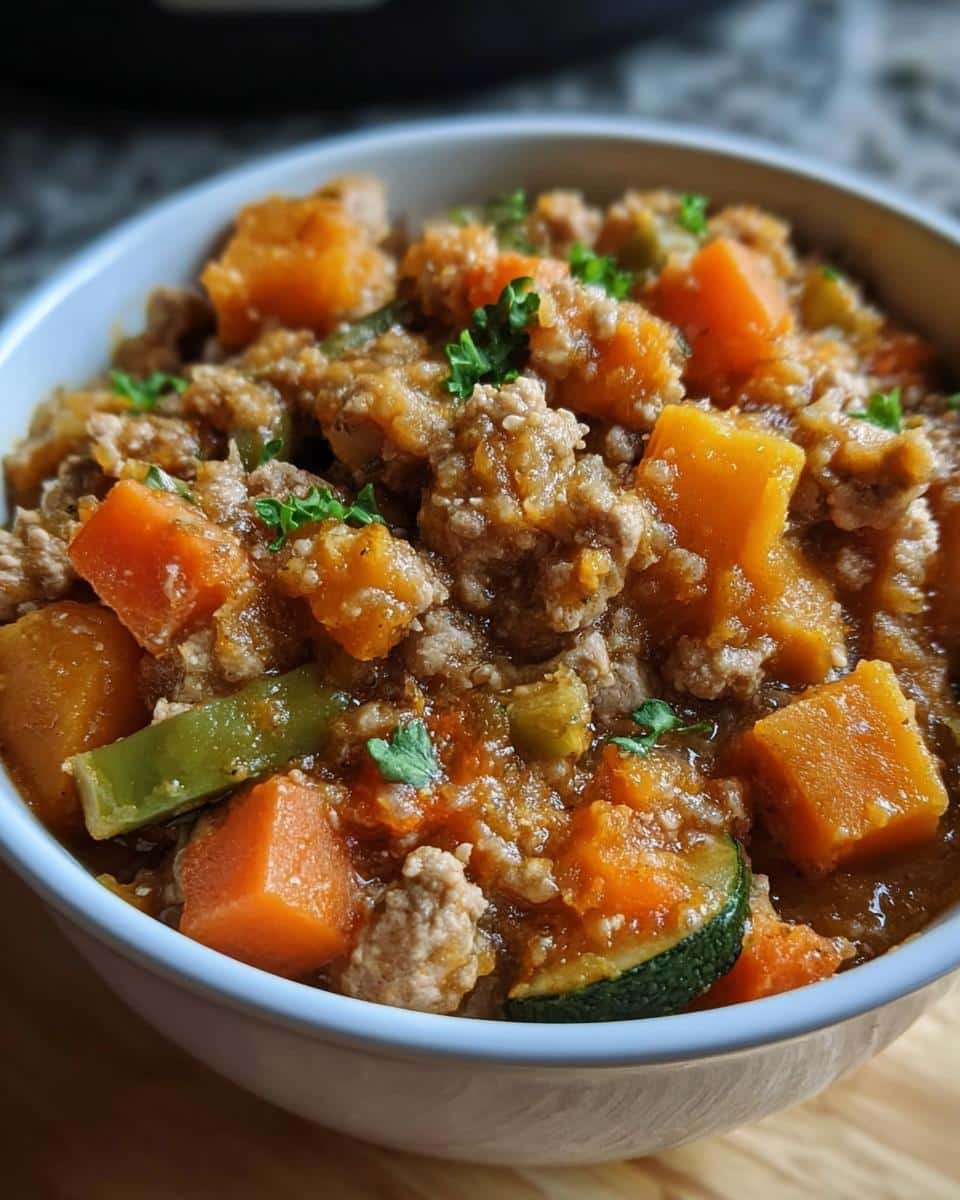 Close-up of homemade Turkey, Oatmeal & Pumpkin Dog Food featuring ground turkey, chunks of orange pumpkin, and zucchini.