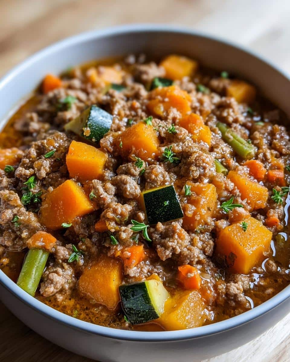 Close-up of homemade Turkey, Oatmeal & Pumpkin Dog Food with chunks of squash and zucchini.