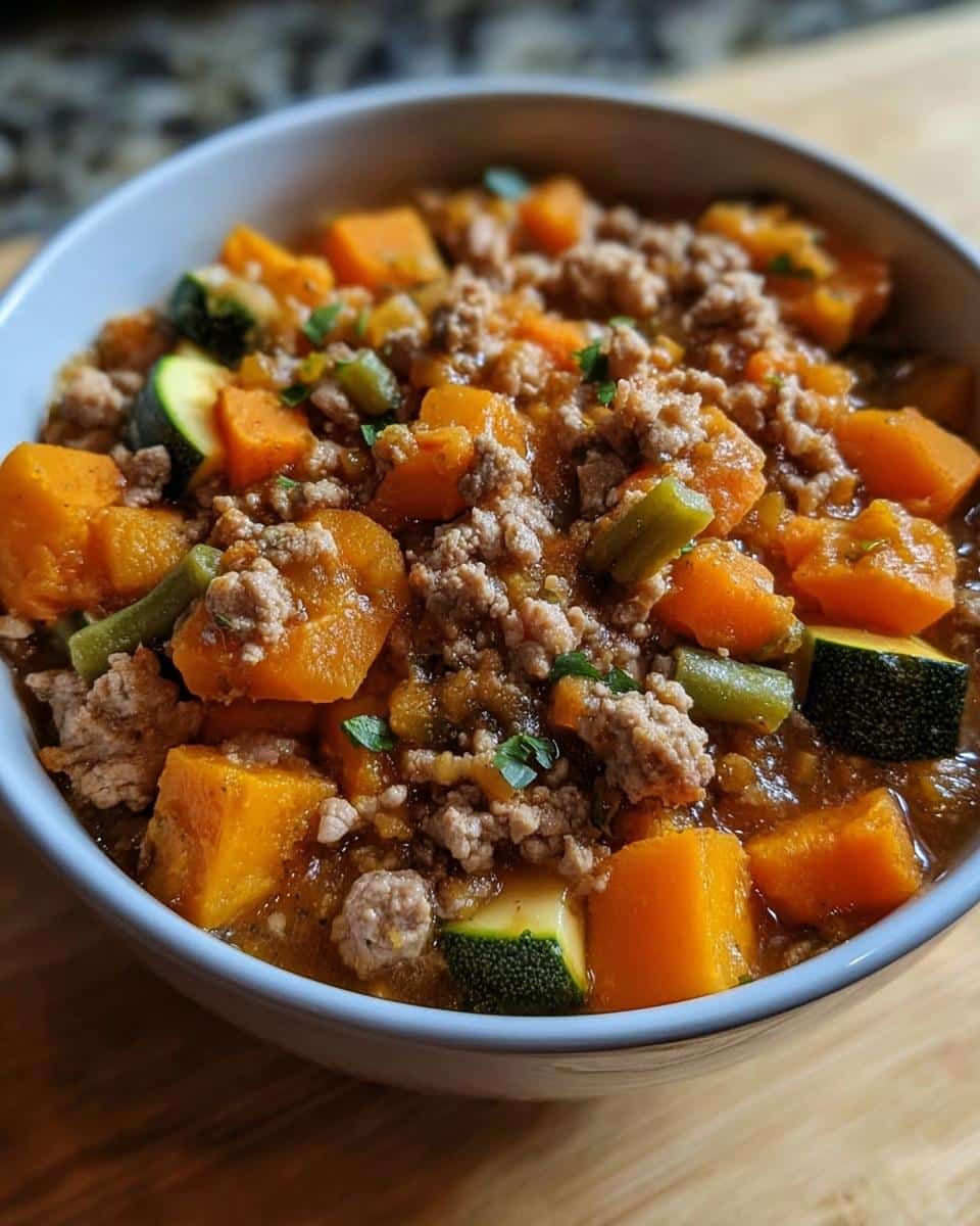 Close-up of a bowl of Turkey, Oatmeal & Pumpkin Homemade Dog Food with chunks of sweet potato and zucchini.
