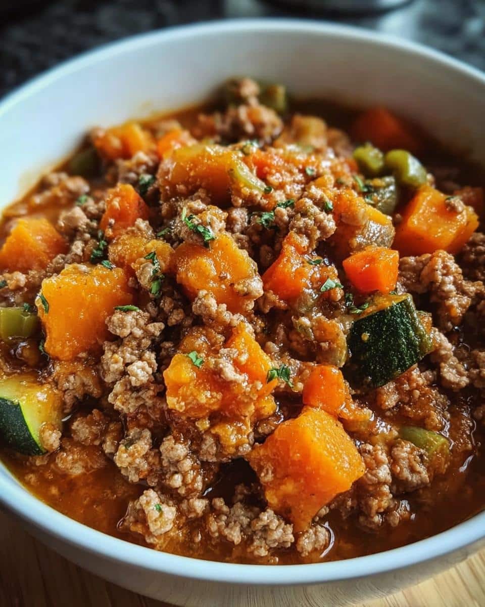 Close-up of homemade Turkey, Oatmeal & Pumpkin dog food featuring ground meat, orange squash, and zucchini chunks.