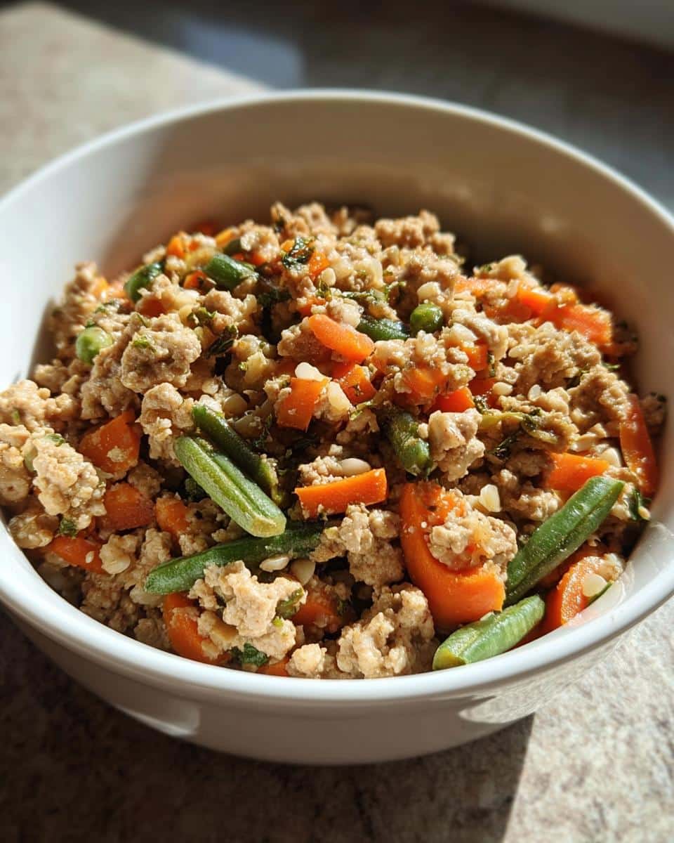 Close-up of Turkey, Oatmeal & Pumpkin Mini-Batch Dog Food mix with carrots and green beans in a white bowl.