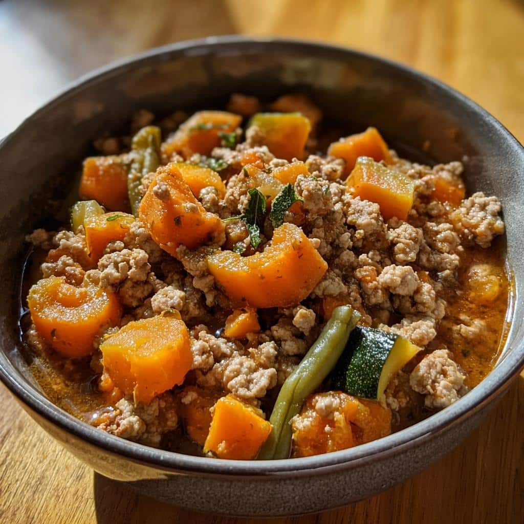Close-up of Turkey & Pumpkin Mini-Batch Dog Food, featuring ground turkey, diced pumpkin, zucchini, and green beans.