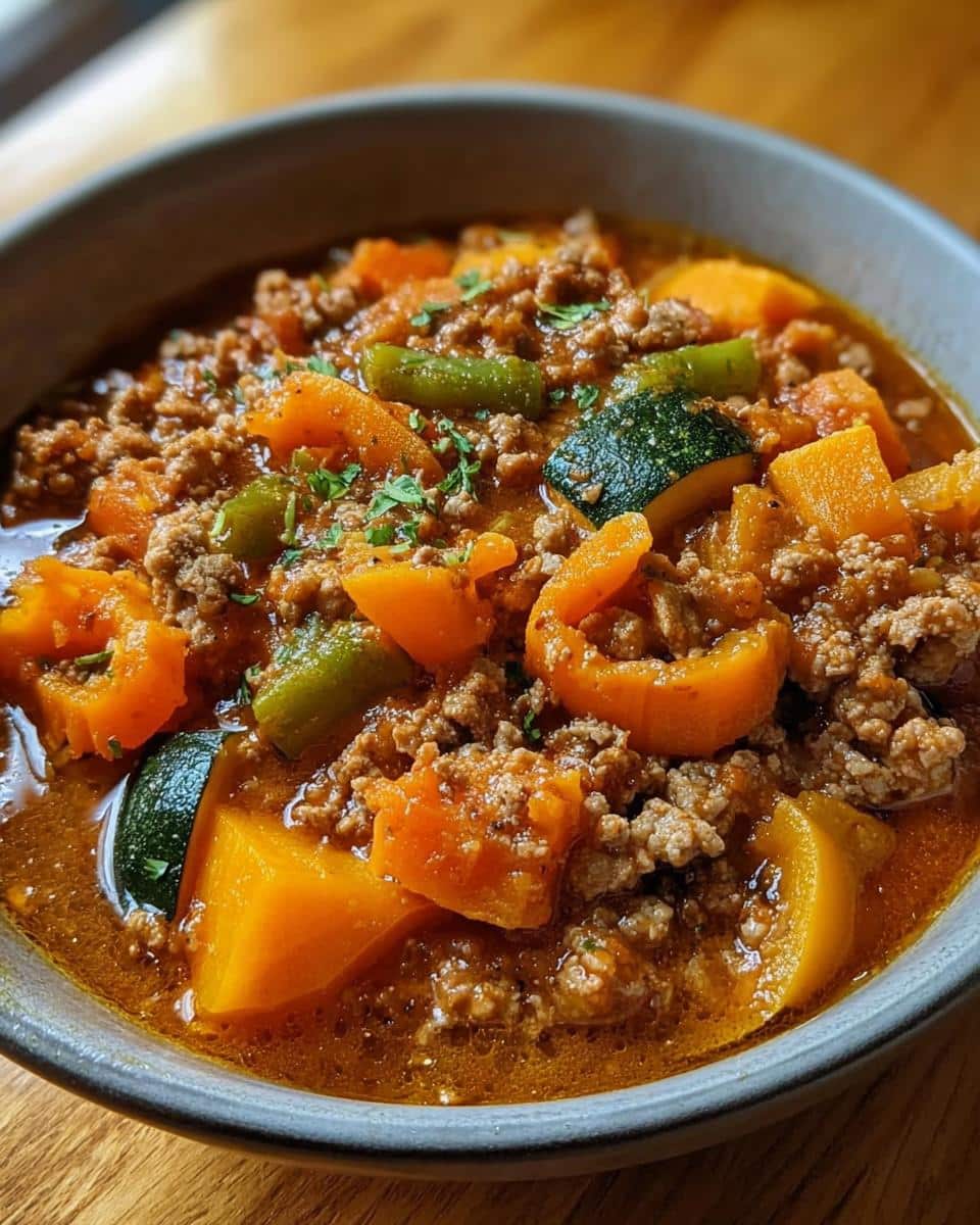 Close-up of Turkey & Pumpkin Mini-Batch Dog Food showing ground meat, orange pumpkin chunks, and green zucchini.