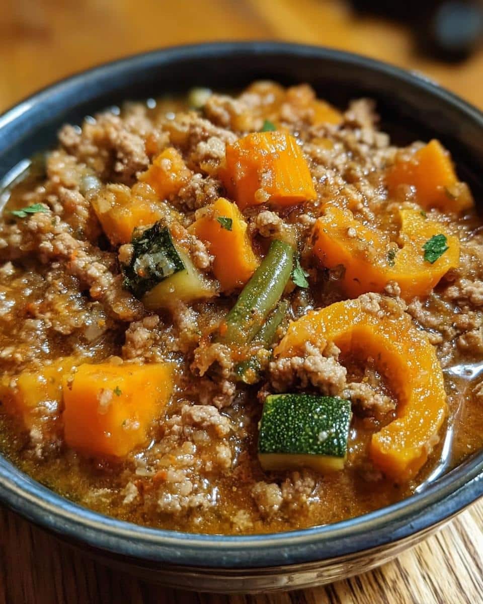 Close-up of Turkey & Pumpkin Mini-Batch Dog Food showing ground meat, chunks of orange pumpkin, and green zucchini in a dark bowl.
