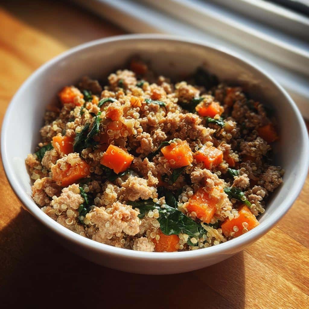 A white bowl filled with a Turkey and Quinoa Bowl Dog recipe mix, featuring ground turkey, quinoa, orange sweet potato chunks, and spinach.