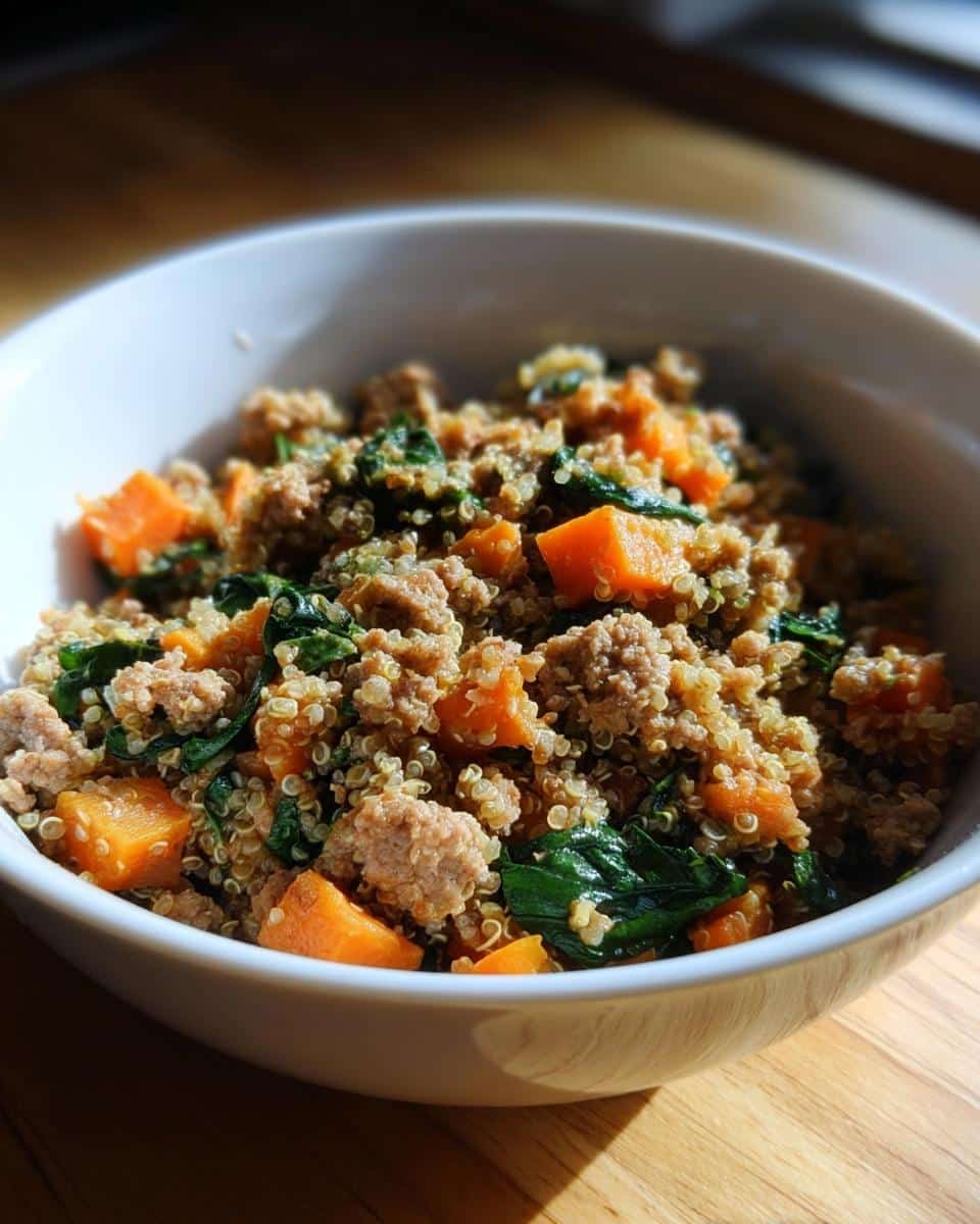 Close-up of a white bowl filled with Turkey, Quinoa & Carrots Homemade Dog Food mixture.