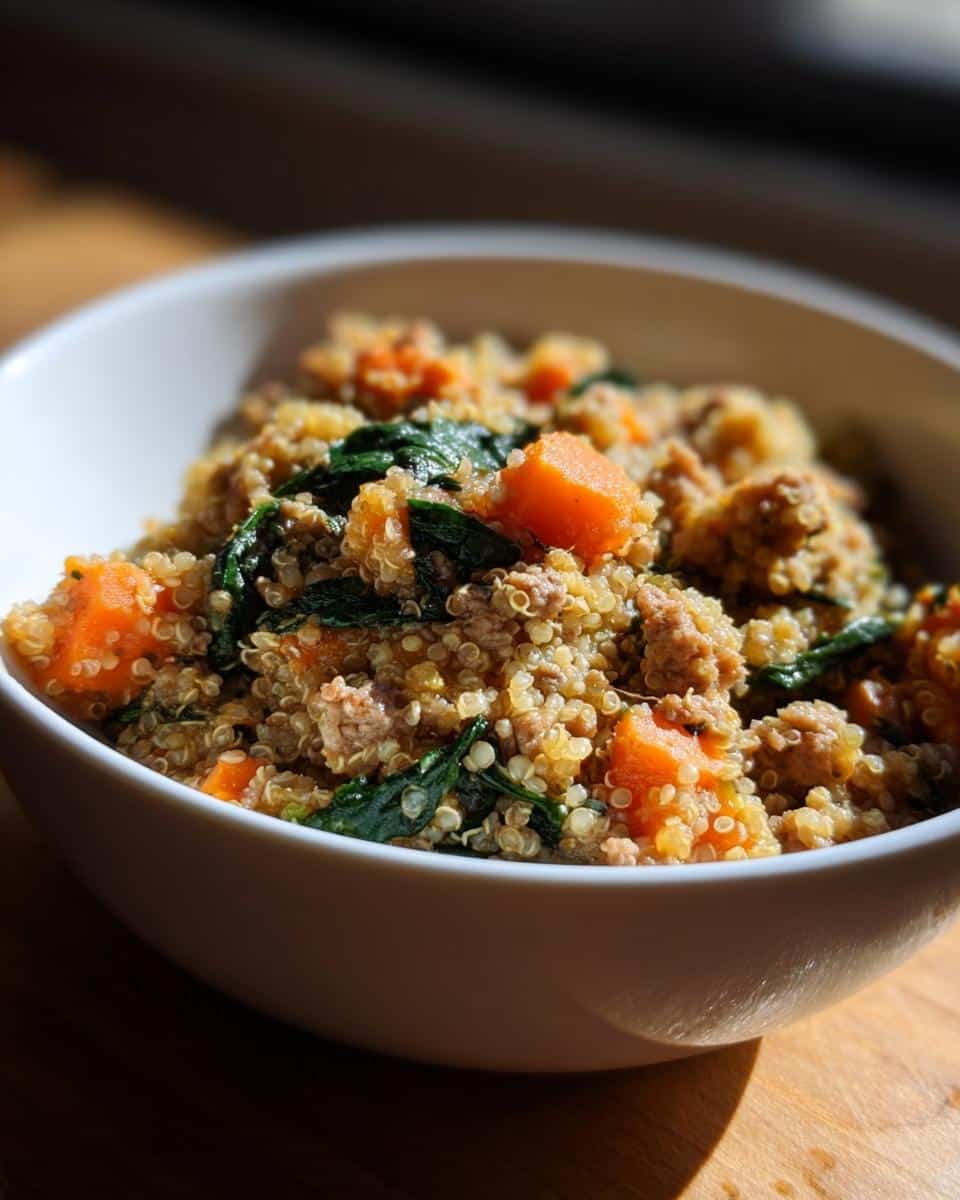 Close-up of homemade Turkey, Quinoa & Carrots Dog Food mixture in a white bowl.