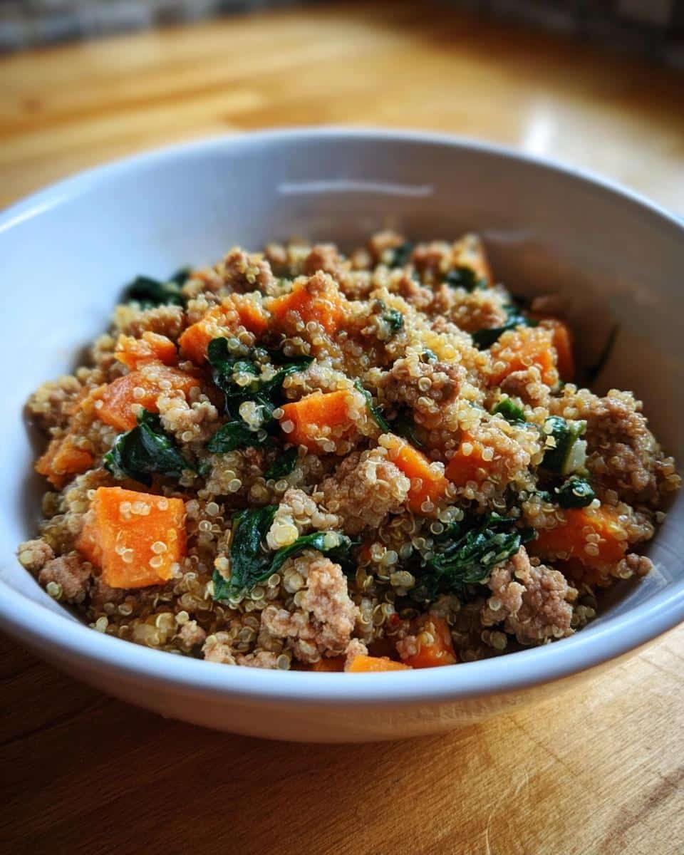 Close-up of homemade dog food featuring ground turkey, quinoa, diced carrots, and spinach in a white bowl.