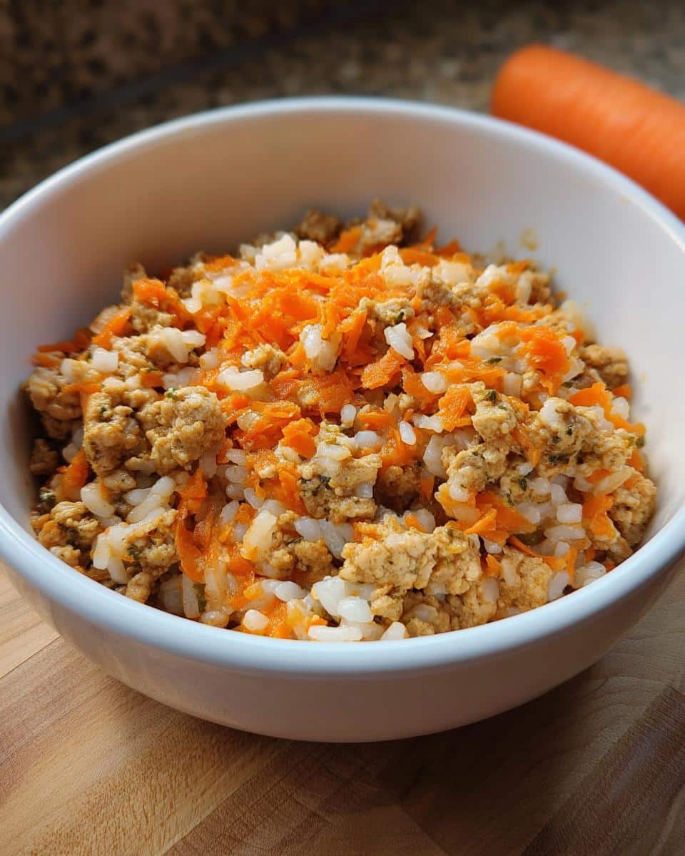Close-up of a white bowl filled with homemade Turkey, Rice & Green Beans Mini-Batch Dog Food for small dogs.