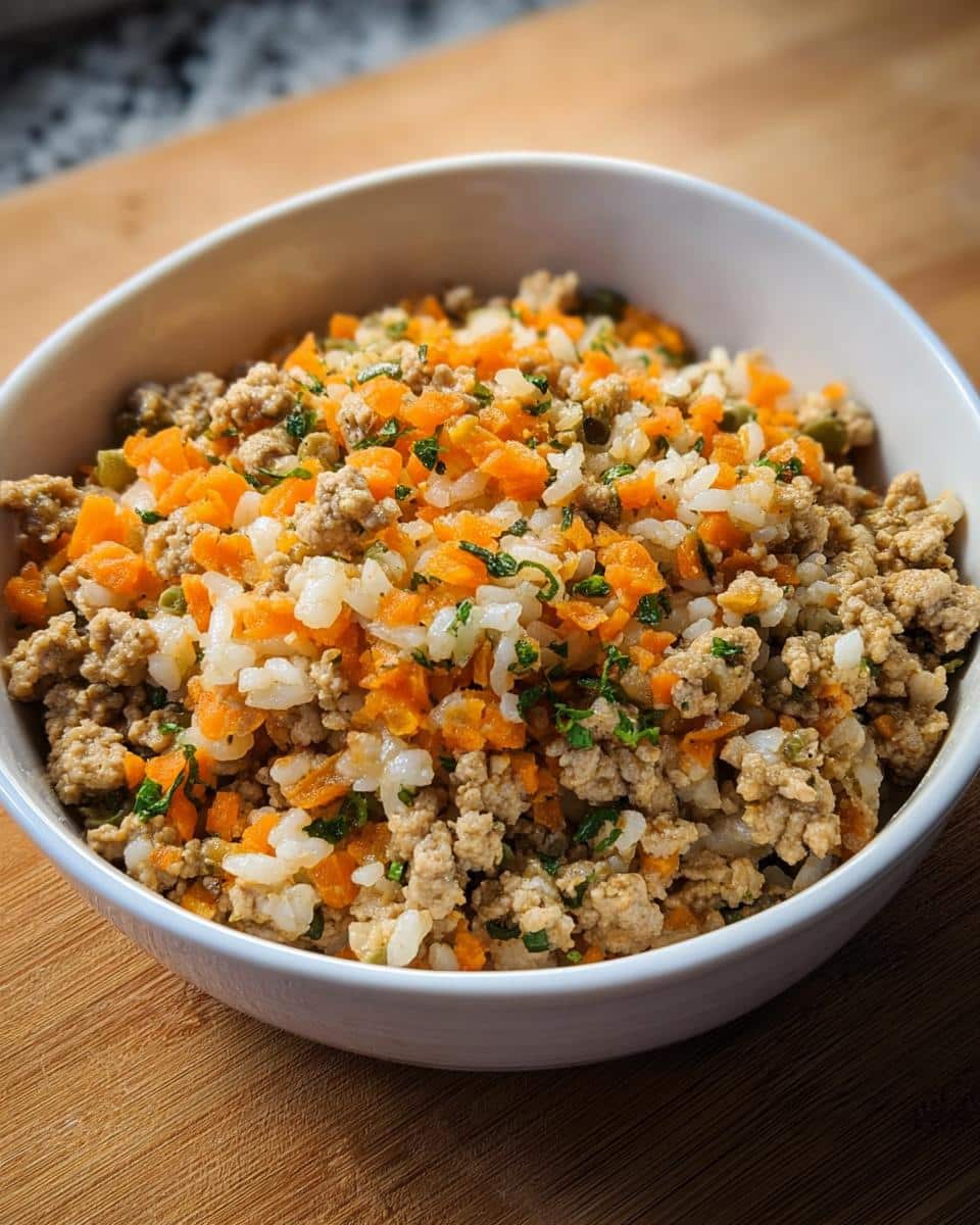 A white bowl filled with homemade Turkey, Rice & Green Beans Mini-Batch Dog Food, showing ground turkey, white rice, and diced carrots.