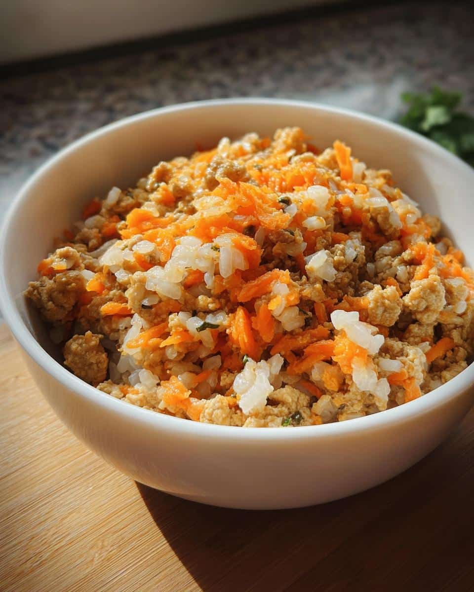 Close-up of a white bowl filled with Turkey, Rice & Green Beans Mini-Batch Dog Food for small dogs.