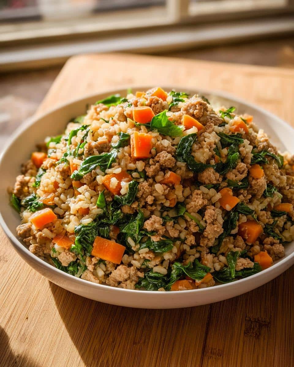 A white bowl filled with homemade Turkey, Rice & Spinach Dog Food, featuring ground turkey, brown rice, carrots, and spinach.