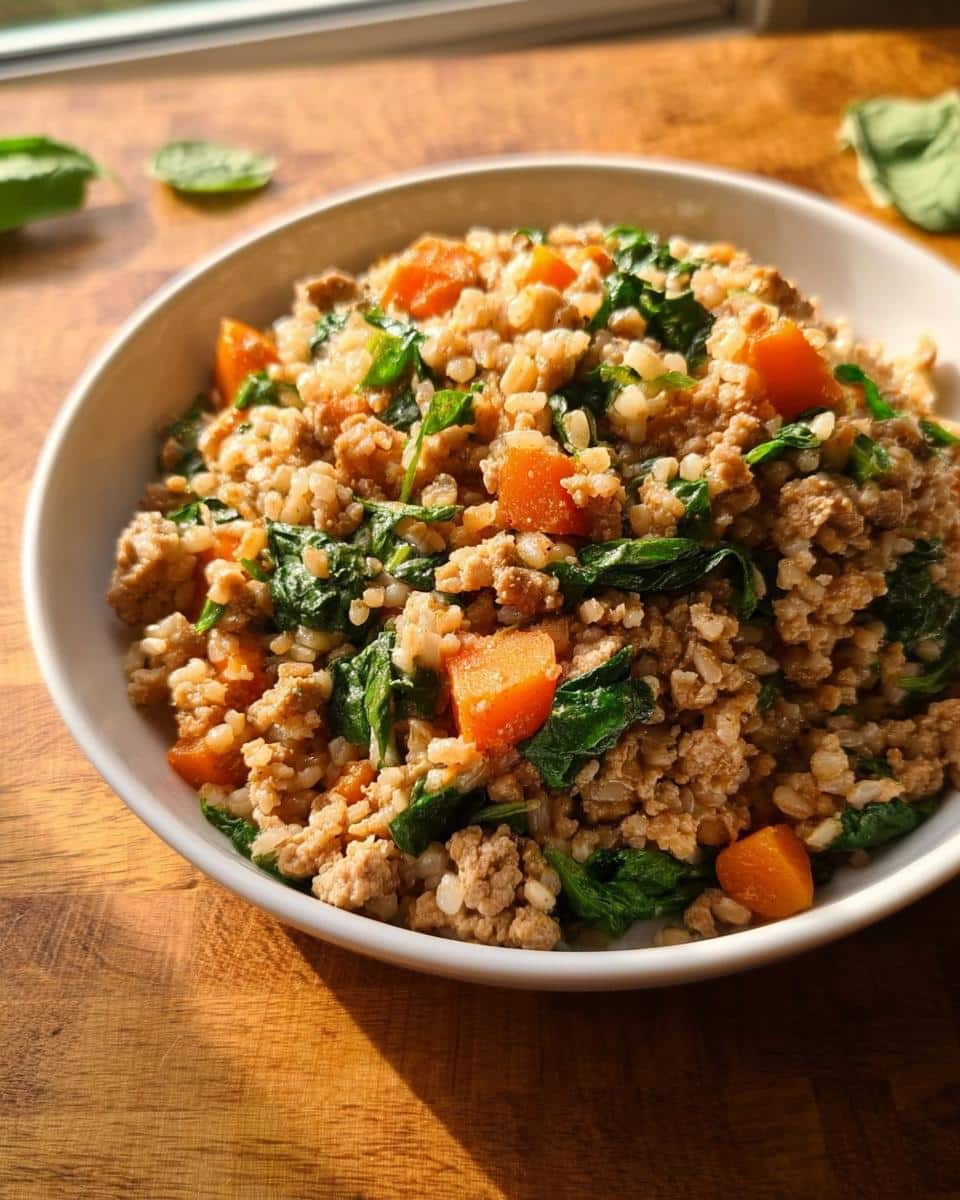 A white bowl filled with Turkey, Rice & Spinach Homemade Dog Food, featuring ground turkey, brown rice, carrots, and spinach.