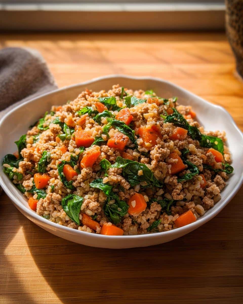 A white bowl filled with Turkey, Rice & Spinach Homemade Dog Food, featuring ground turkey, rice, carrots, and spinach.