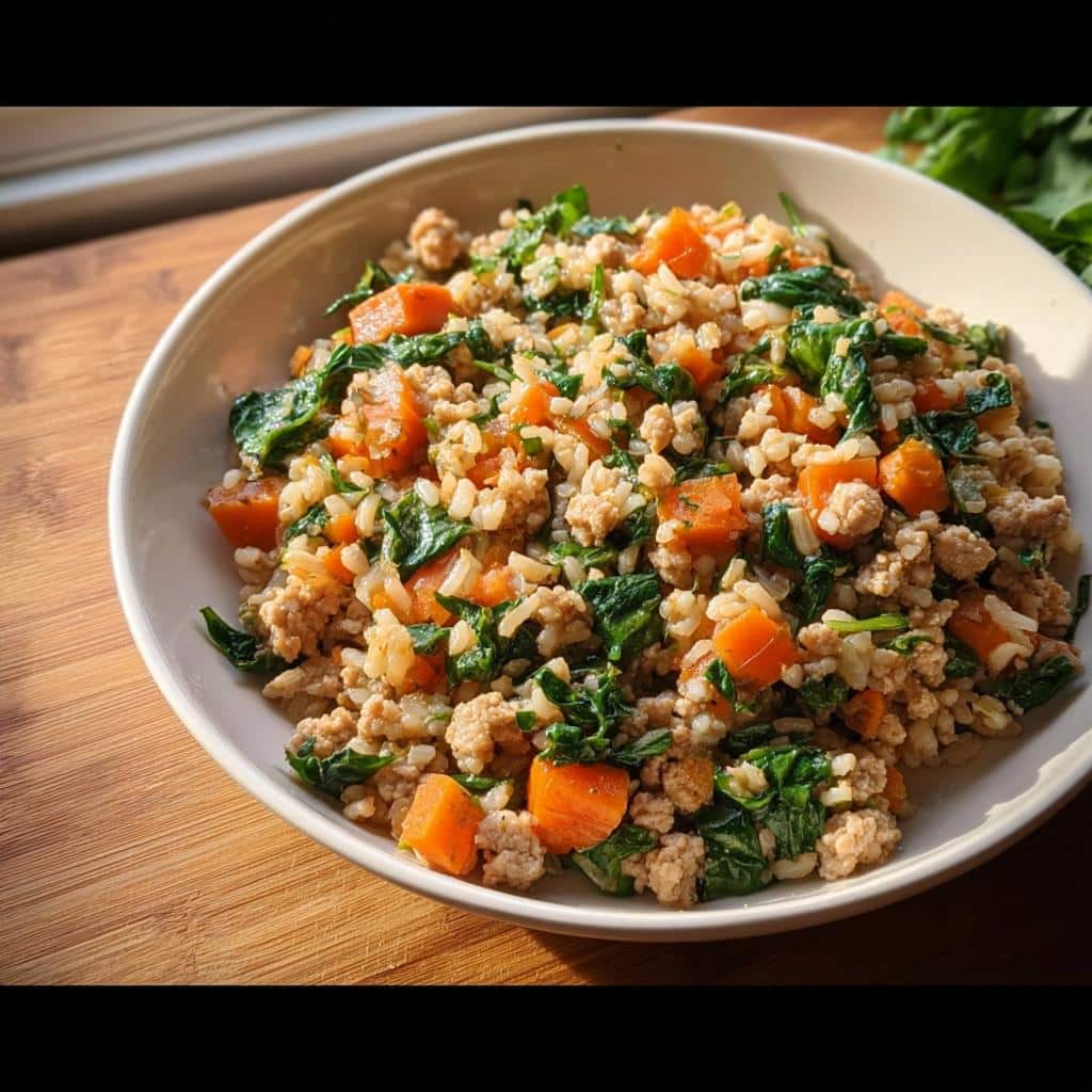 A bowl of homemade Turkey, Rice & Spinach Homemade Dog Food with ground turkey, brown rice, and diced carrots.