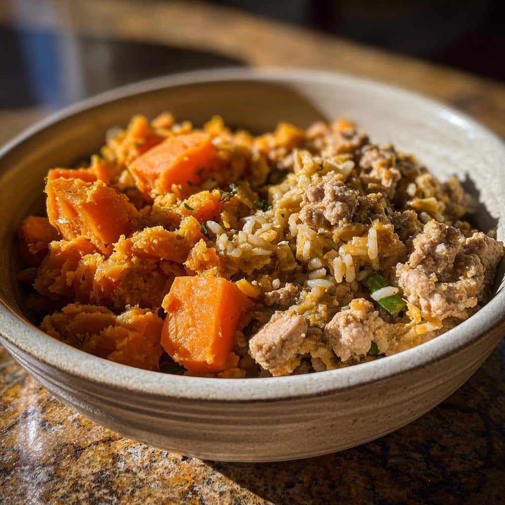 A bowl of Turkey & Sweet Potato Mini-Batch Dog Food, showing chunks of bright orange sweet potato next to ground turkey and rice mix.