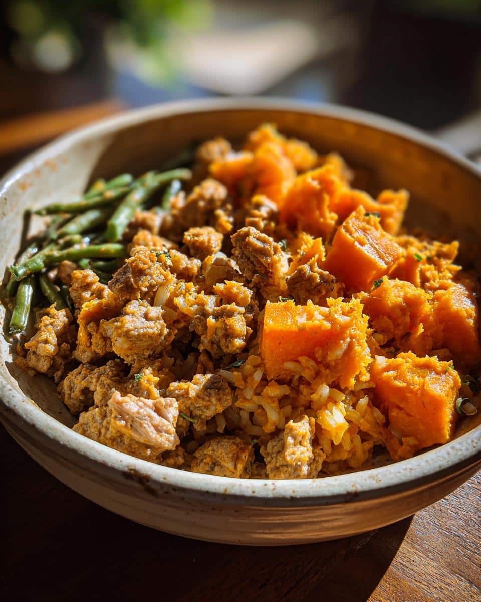 A close-up of Turkey & Sweet Potato Mini-Batch Dog Food with ground turkey, sweet potato chunks, rice, and green beans in a bowl.
