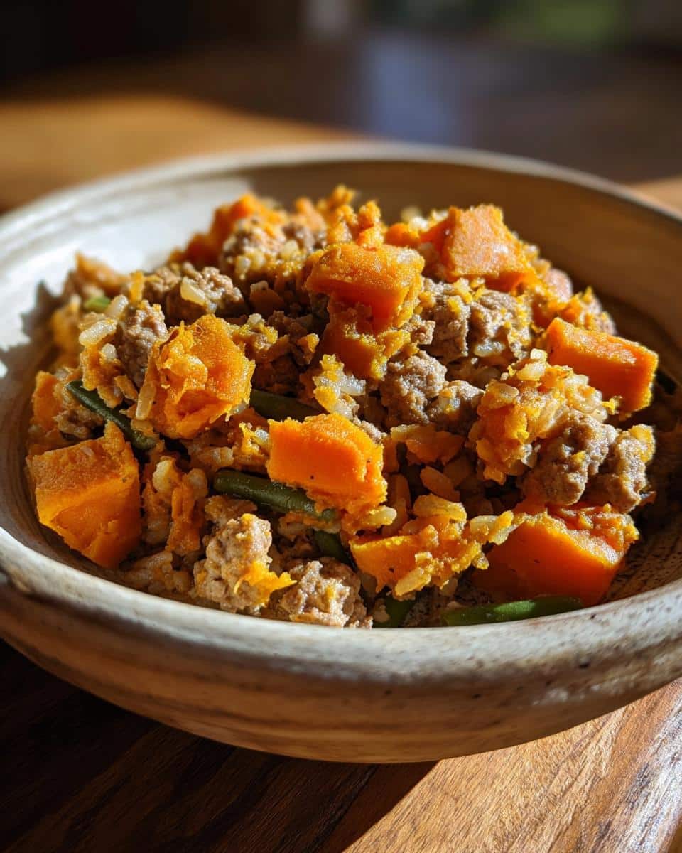 A close-up of Turkey & Sweet Potato Mini-Batch Dog Food in a wooden bowl, featuring ground turkey, orange sweet potato chunks, and green beans.