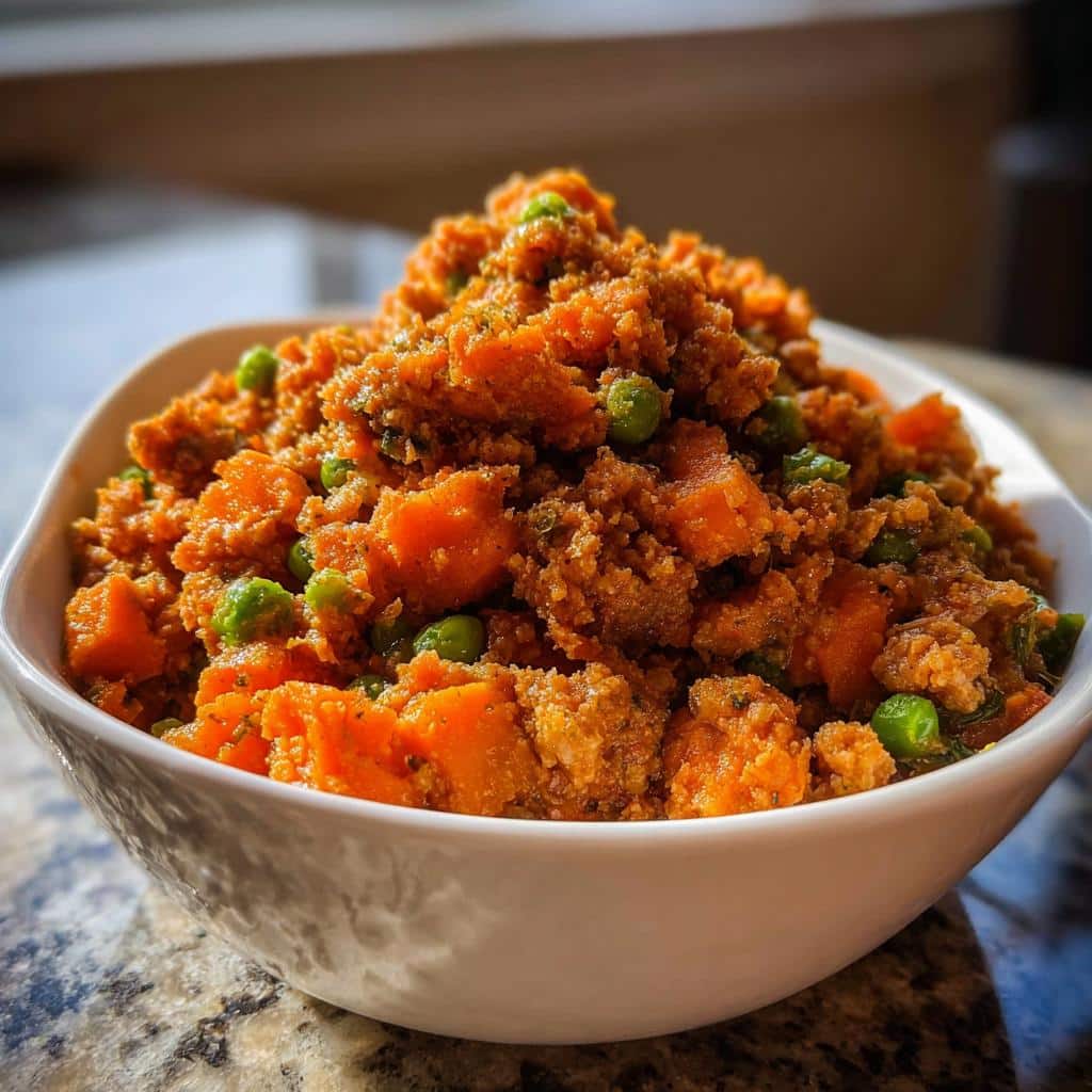 Close-up of homemade Turkey, Sweet Potato & Pumpkin Dog Food mixture with visible chunks of sweet potato and green peas in a white bowl.