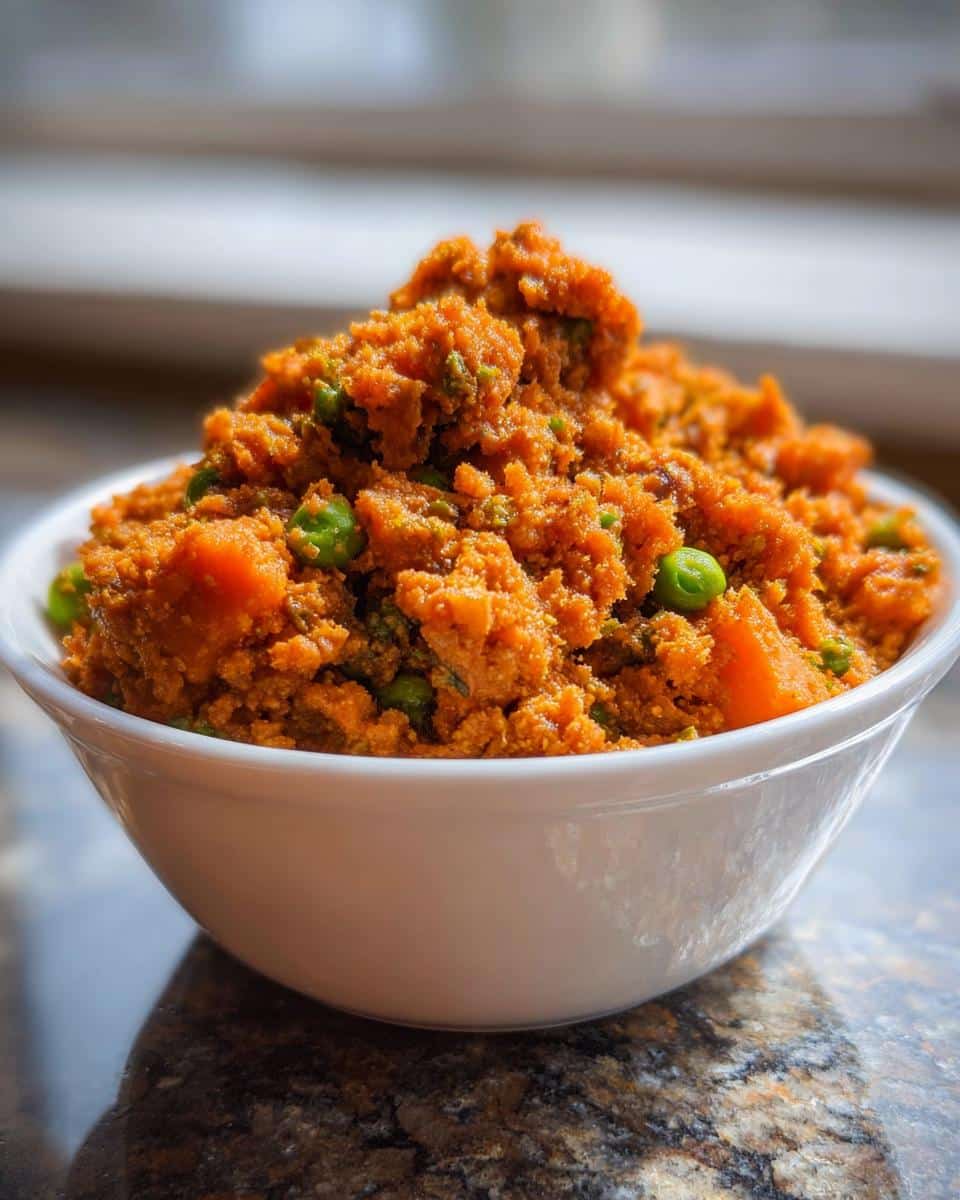 A white bowl filled with homemade Turkey, Sweet Potato & Pumpkin dog food mixture, featuring orange mash and green peas.