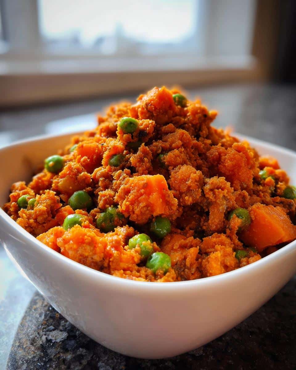 Close-up of homemade Turkey, Sweet Potato & Pumpkin Dog Food mixture with visible orange sweet potato chunks and green peas in a white bowl.