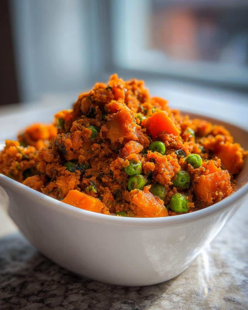 Close-up of homemade Turkey, Sweet Potato & Pumpkin dog food mixture in a white bowl.