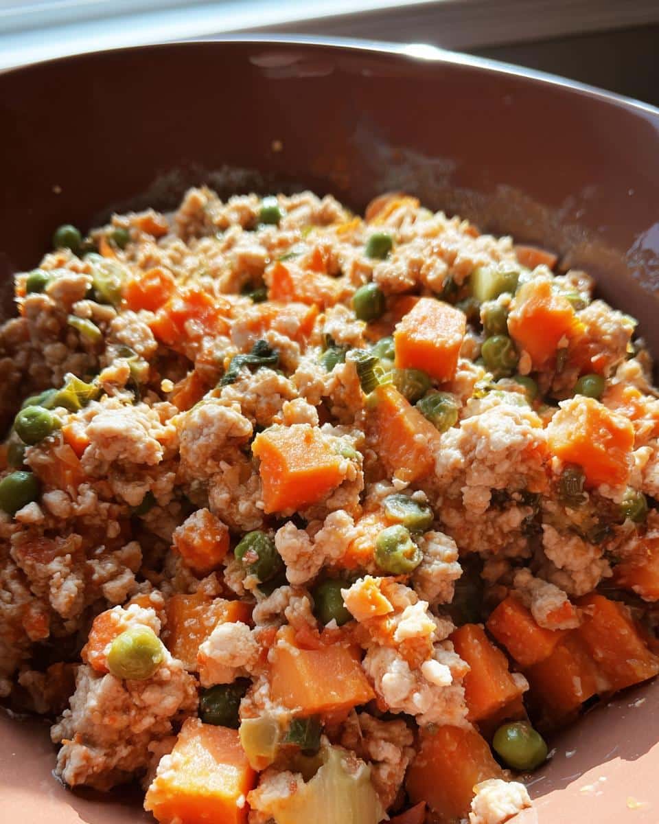Close-up of Crockpot Homemade Dog Food Recipes: Turkey & Veggie Mix with ground turkey, diced carrots, and peas in a brown bowl.