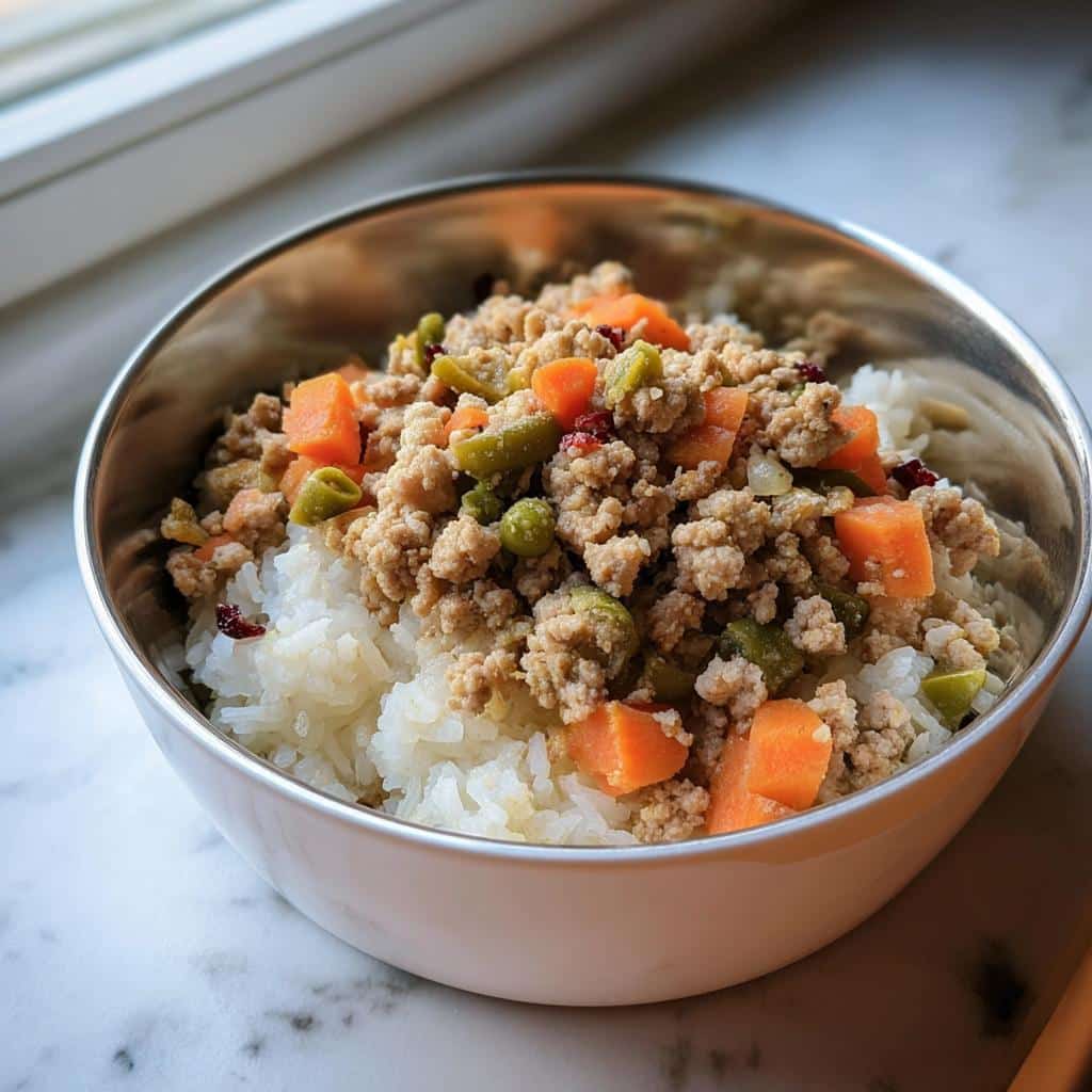A stainless steel bowl filled with white rice topped with ground turkey and diced vegetables for a Turkey & Veggie Dog Food Recipe.