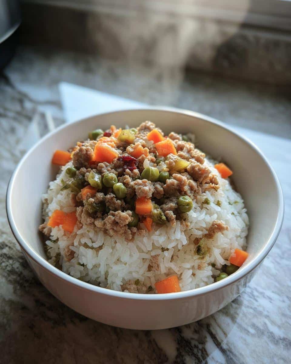 A white bowl filled with rice topped with ground turkey, peas, and diced carrots from the Turkey & Veggie Dog Food Recipe.