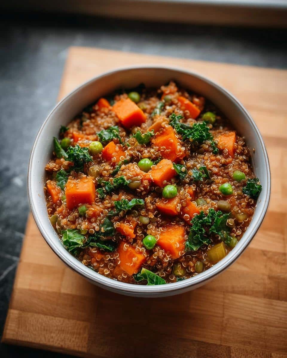 Bowl of homemade Vegan Dog Food featuring quinoa, bright orange sweet potato chunks, green peas, and kale.