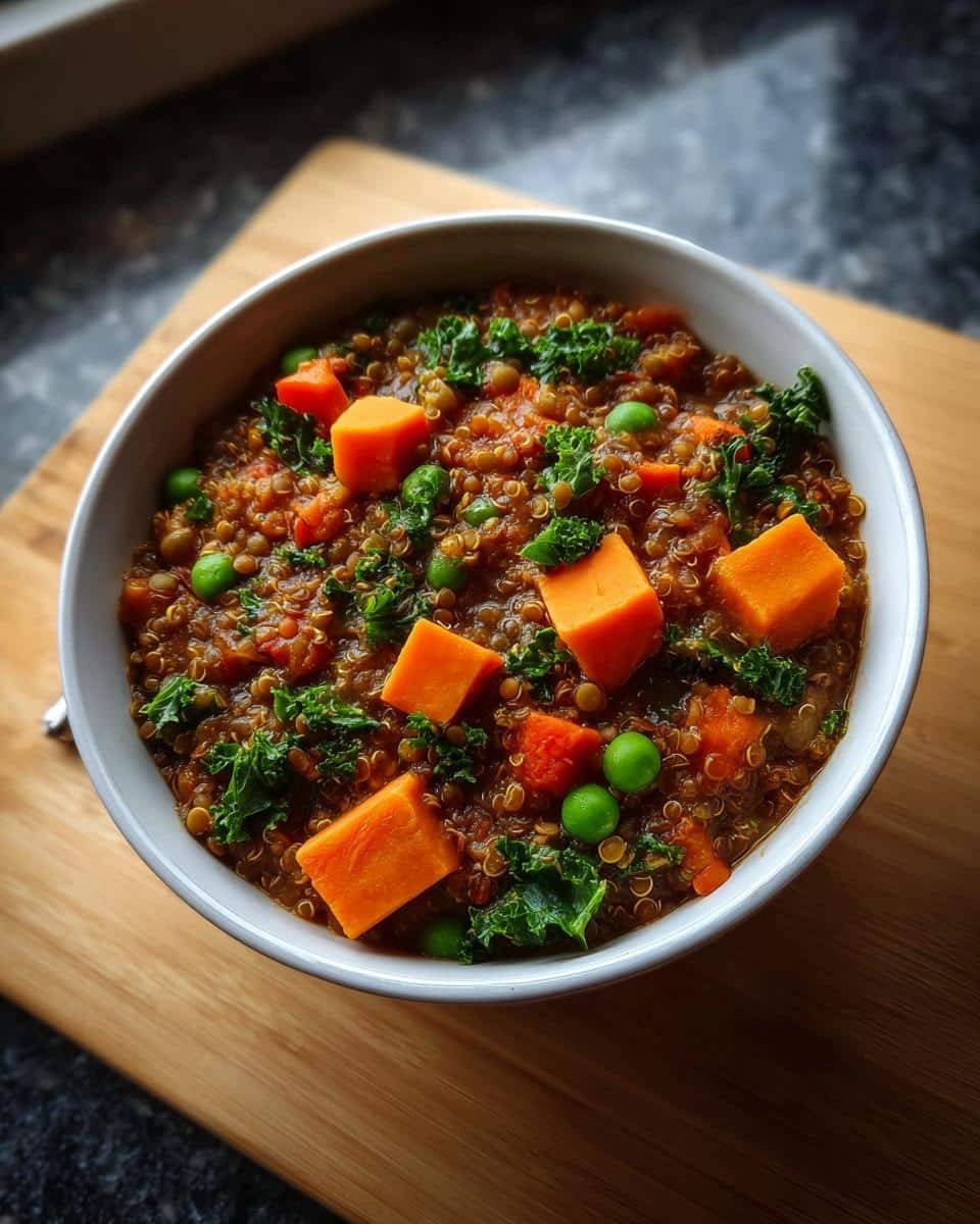 A bowl of homemade Vegan Dog Food featuring quinoa, bright orange sweet potato chunks, green peas, and kale.