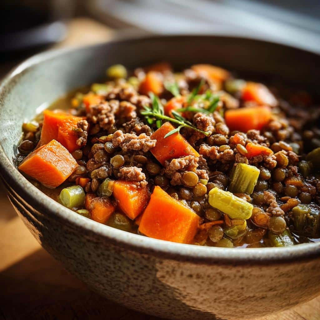 Close-up of a bowl containing the Vegetable and Lentil Mix Dog recipe with ground meat, carrots, and celery.