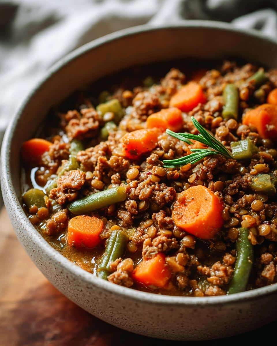 Close-up of a bowl containing the Vegetable and Lentil Mix Dog recipe, featuring lentils, carrots, and green beans.
