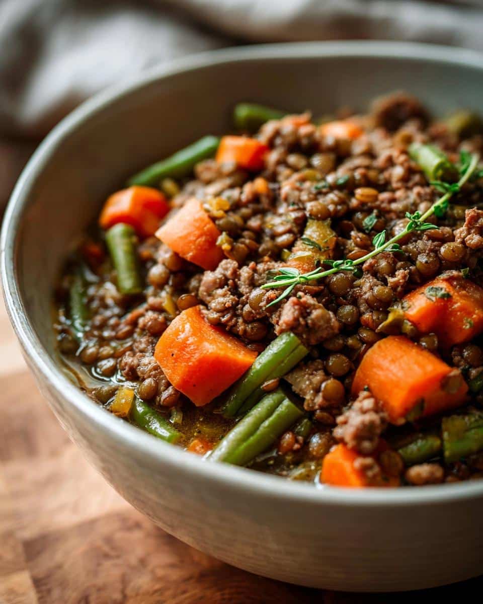 Close-up of a bowl containing the Vegetable and Lentil Mix Dog recipe, featuring ground meat, lentils, carrots, and green beans.