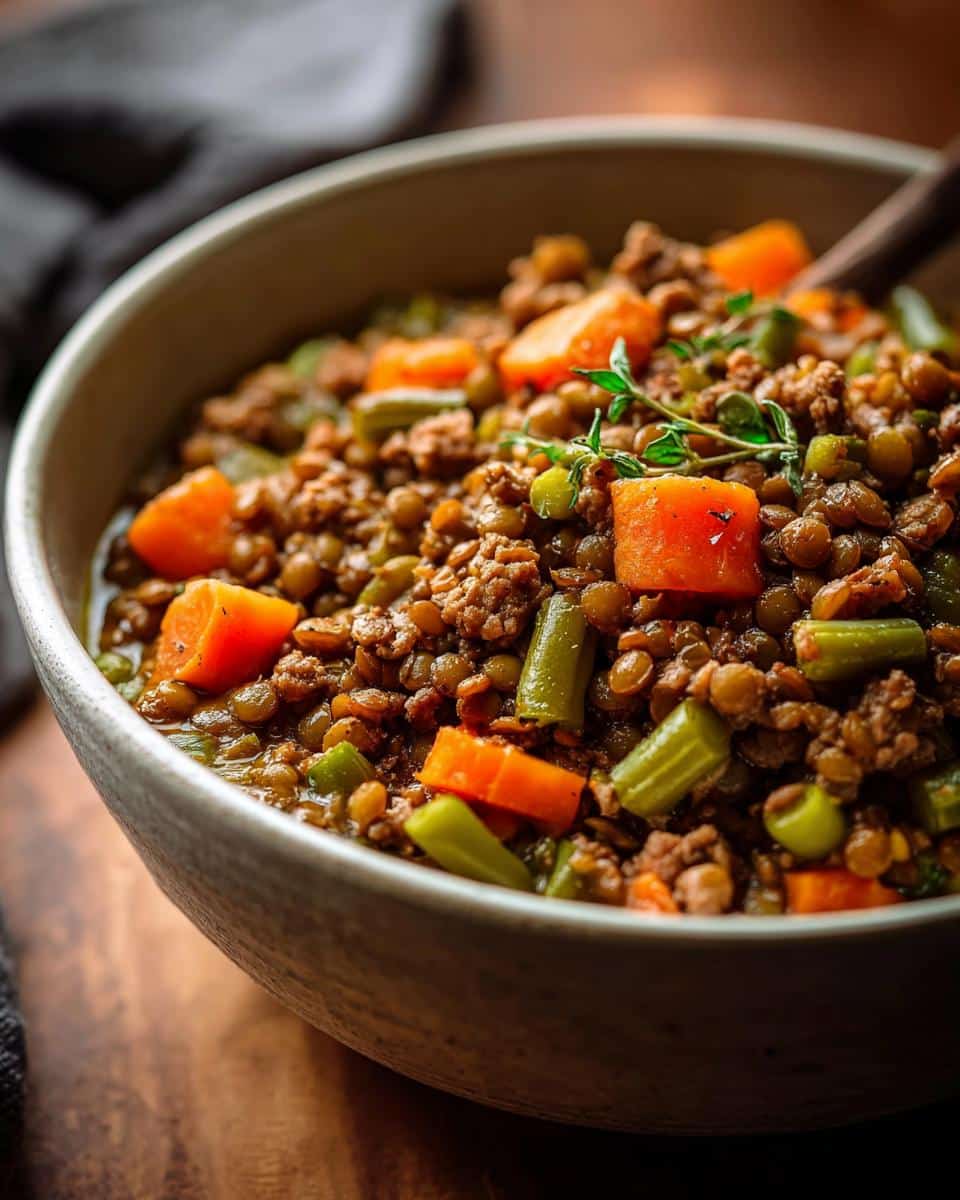 Close-up of a hearty bowl of Vegetable and Lentil Mix Dog recipe, featuring brown lentils, ground meat, and chunks of bright orange carrots.