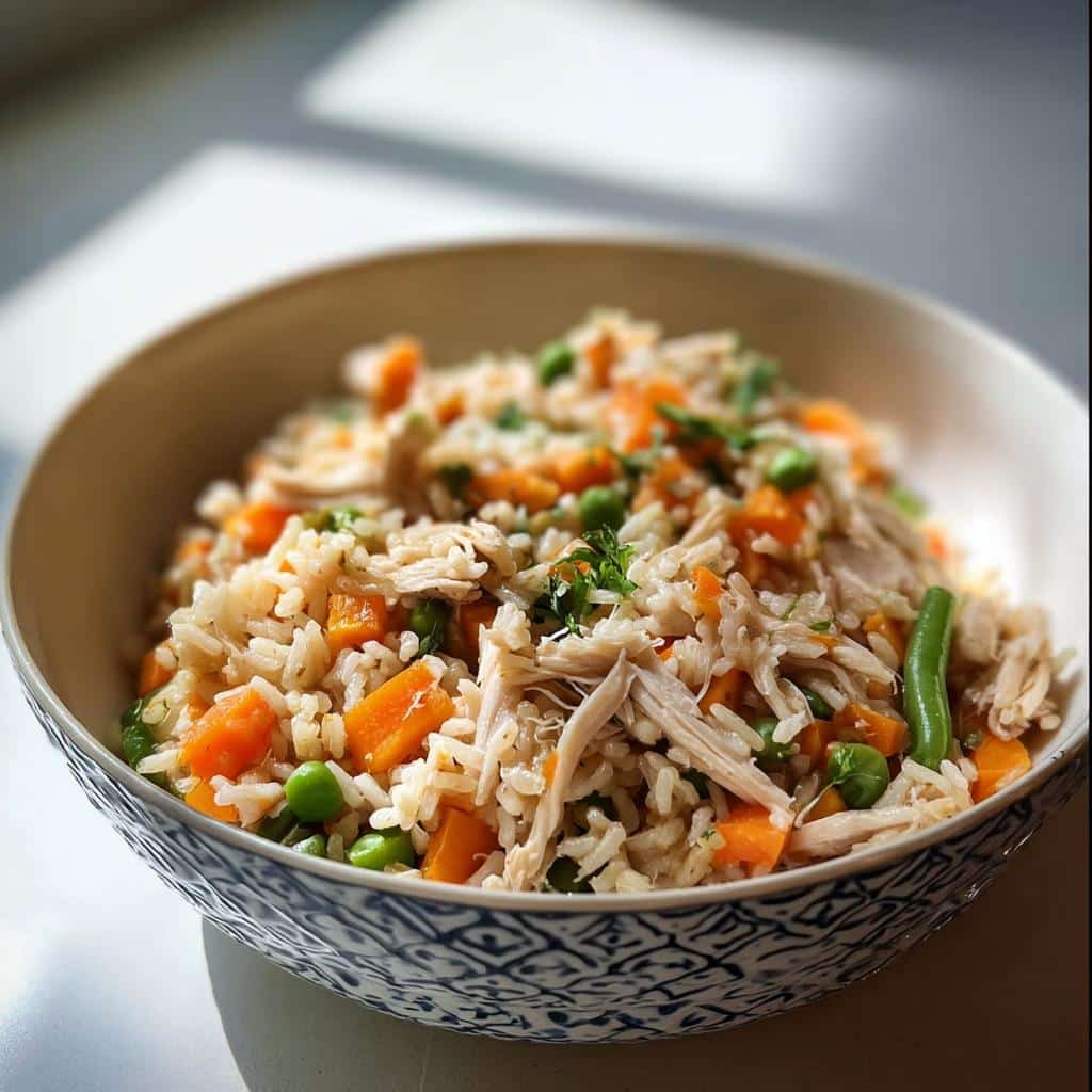 A close-up of a bowl containing the Veggie Farmer’s Dog Food Recipe, featuring rice, shredded chicken, carrots, and peas.