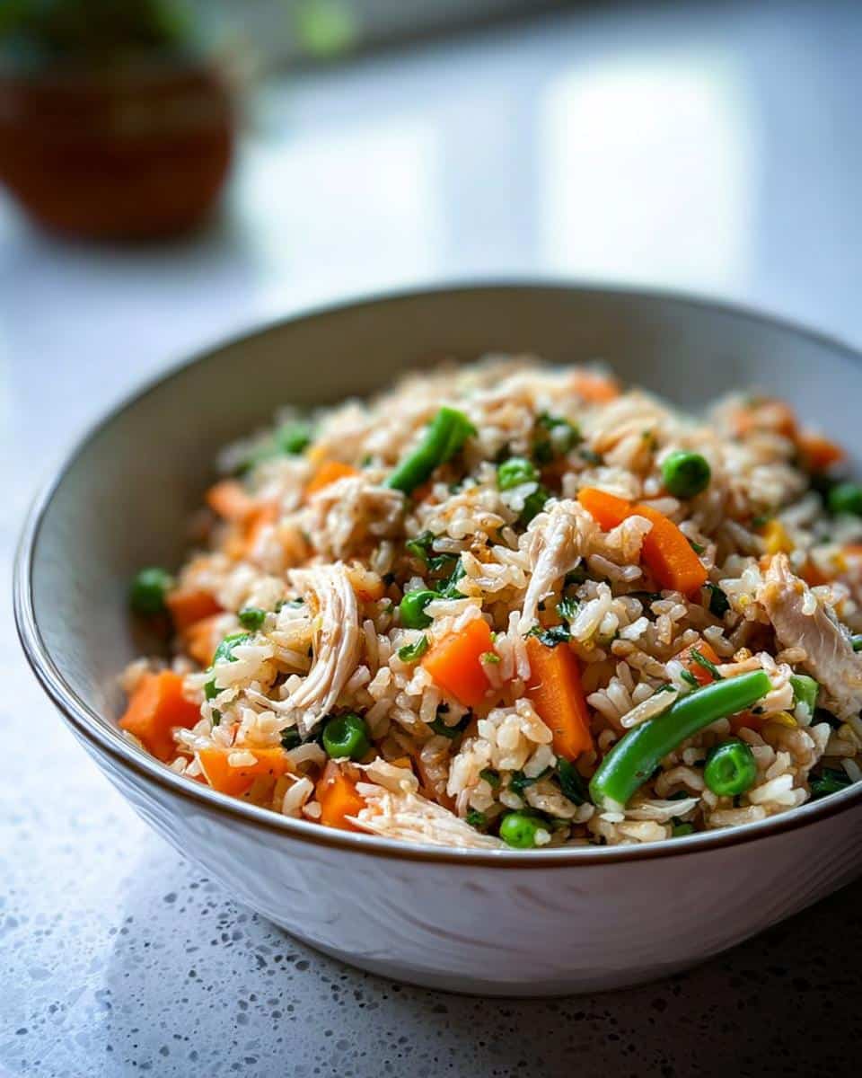 Close-up of a bowl containing the Veggie Farmer’s Dog Food Recipe, featuring rice, shredded chicken, carrots, and peas.