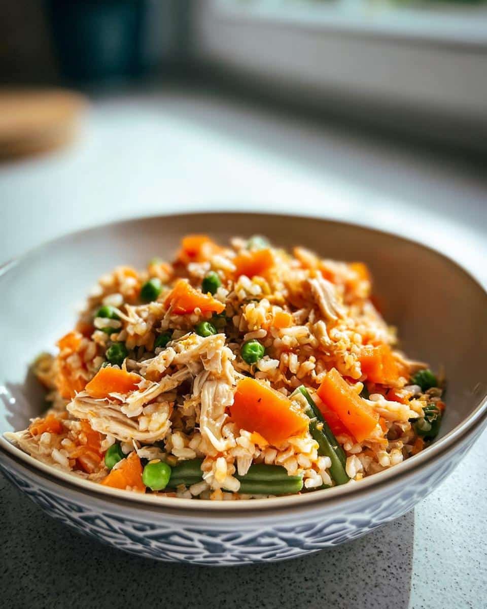 A bowl filled with the Veggie Farmer’s Dog Food Recipe, featuring rice, shredded chicken, carrots, peas, and green beans.