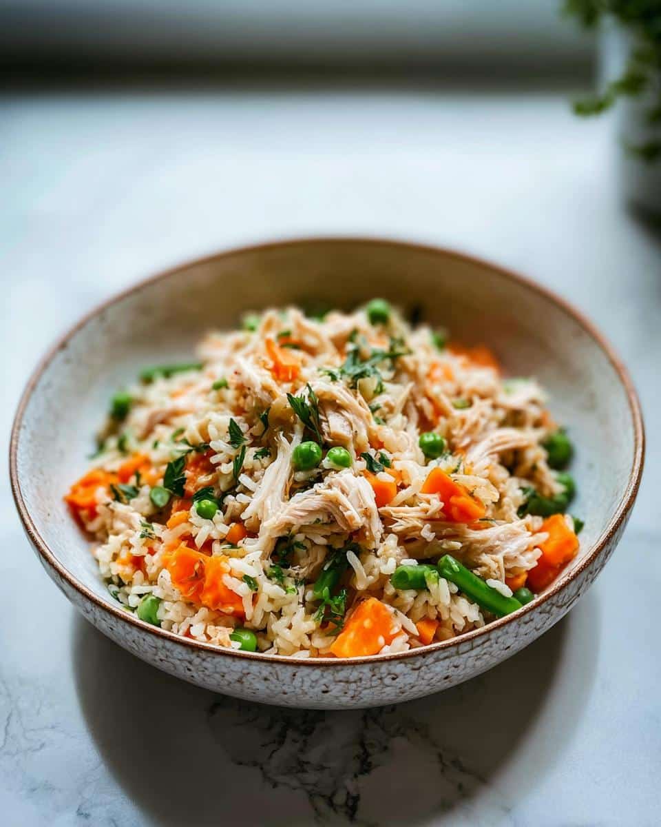 Bowl of homemade Veggie Farmer’s Dog Food Recipe featuring rice, shredded chicken, sweet potatoes, peas, and herbs.