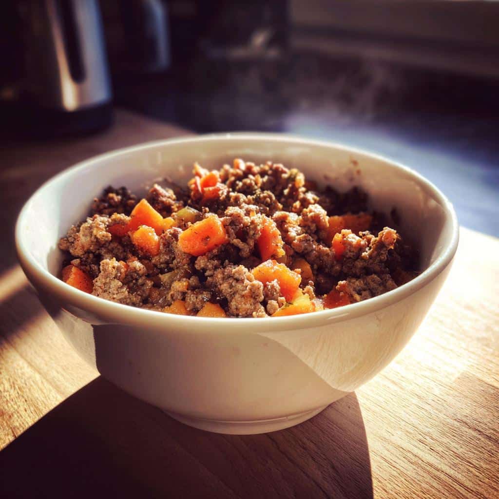 A white bowl filled with hot Venison & Apple Dog Food, featuring ground meat and diced orange vegetables, steaming slightly.