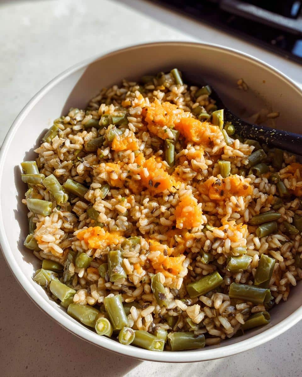 Close-up of homemade Venison, Barley & Green Beans Dog Food mix in a light bowl.