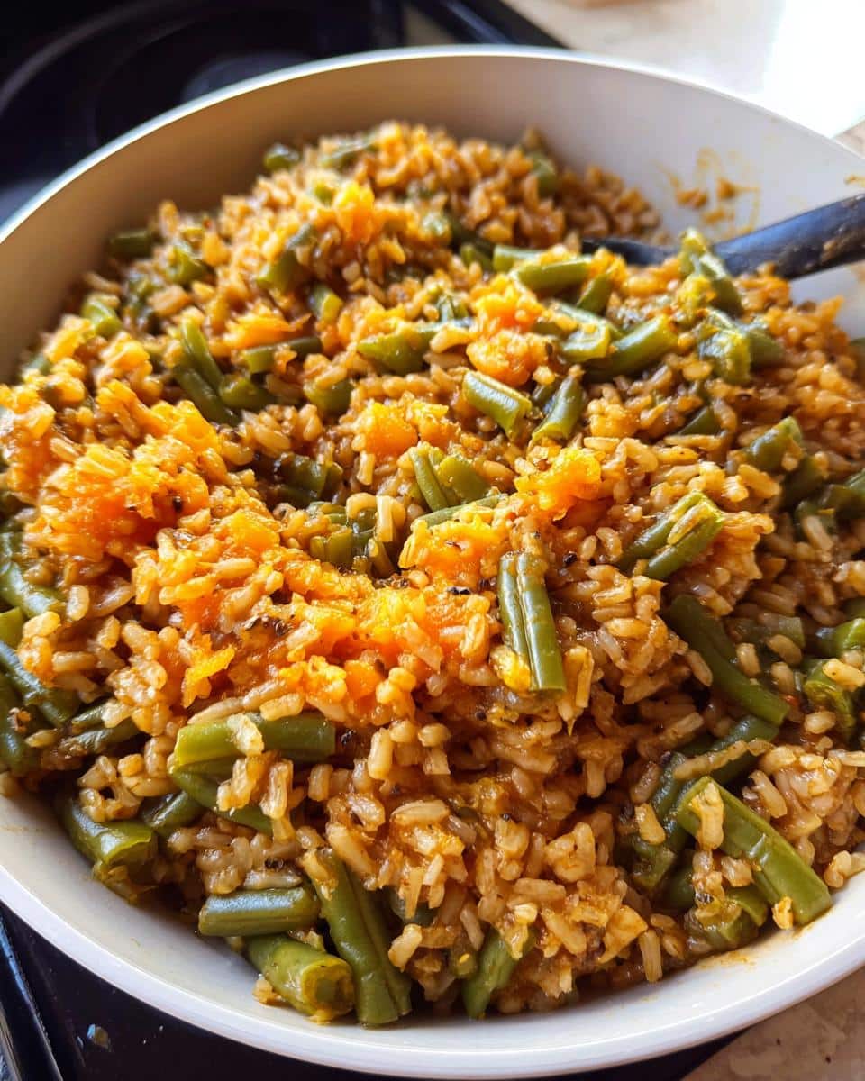 Close-up of homemade Venison, Barley & Green Beans Dog Food mixture in a white bowl.