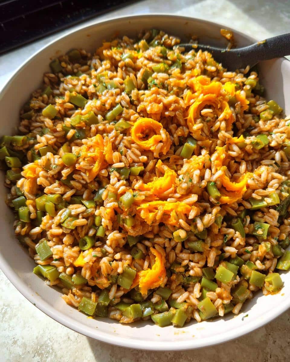 Close-up of homemade Venison, Barley & Green Beans Dog Food mixture in a light-colored bowl.