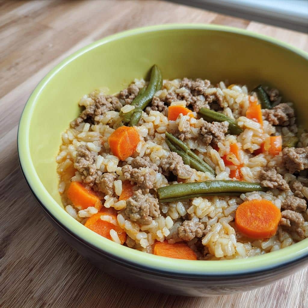 Close-up of homemade Venison, Brown Rice & Carrots Dog Food in a bright green bowl.