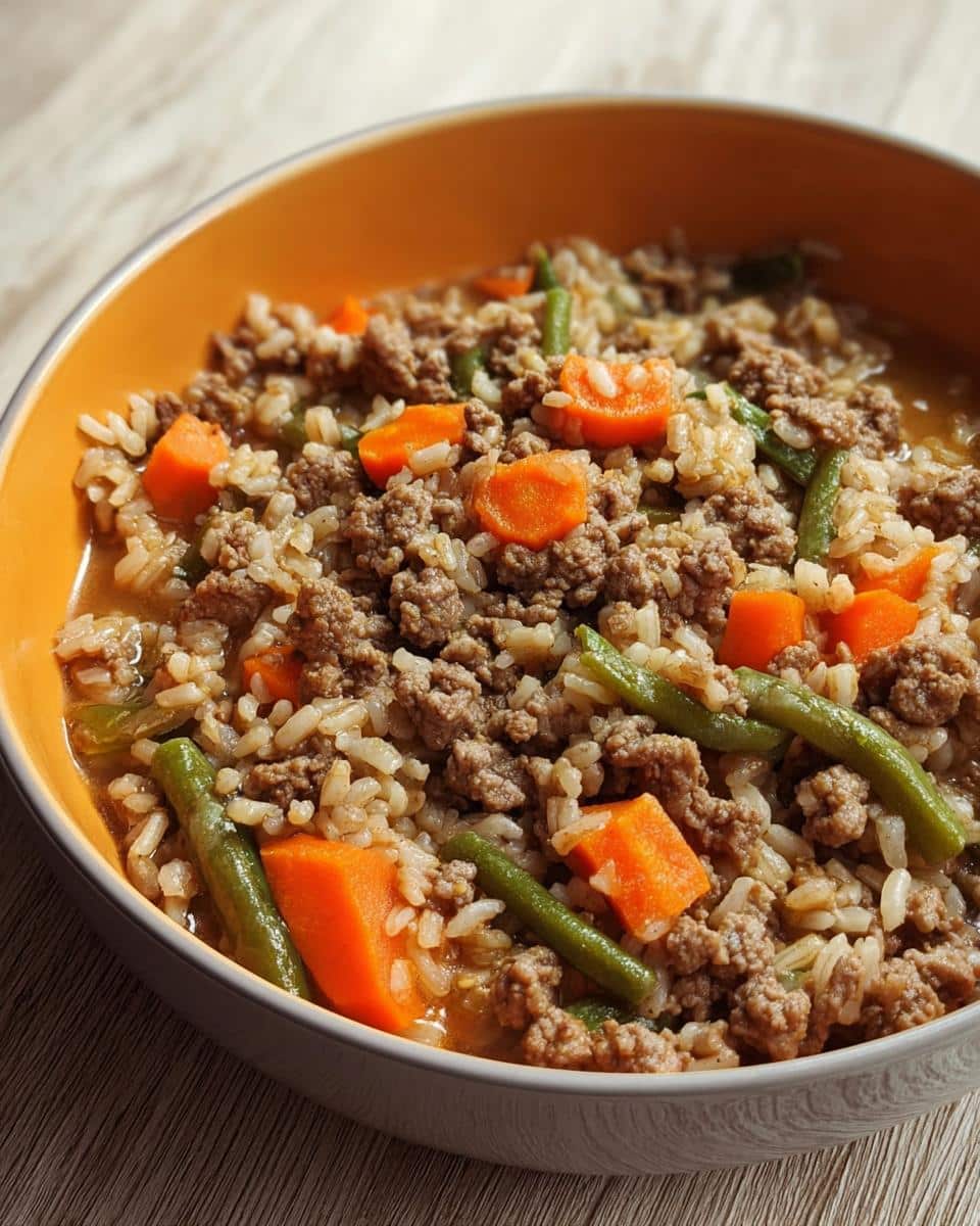 Close-up of homemade Venison, Brown Rice & Carrots Dog Food mixture in an orange-rimmed bowl.