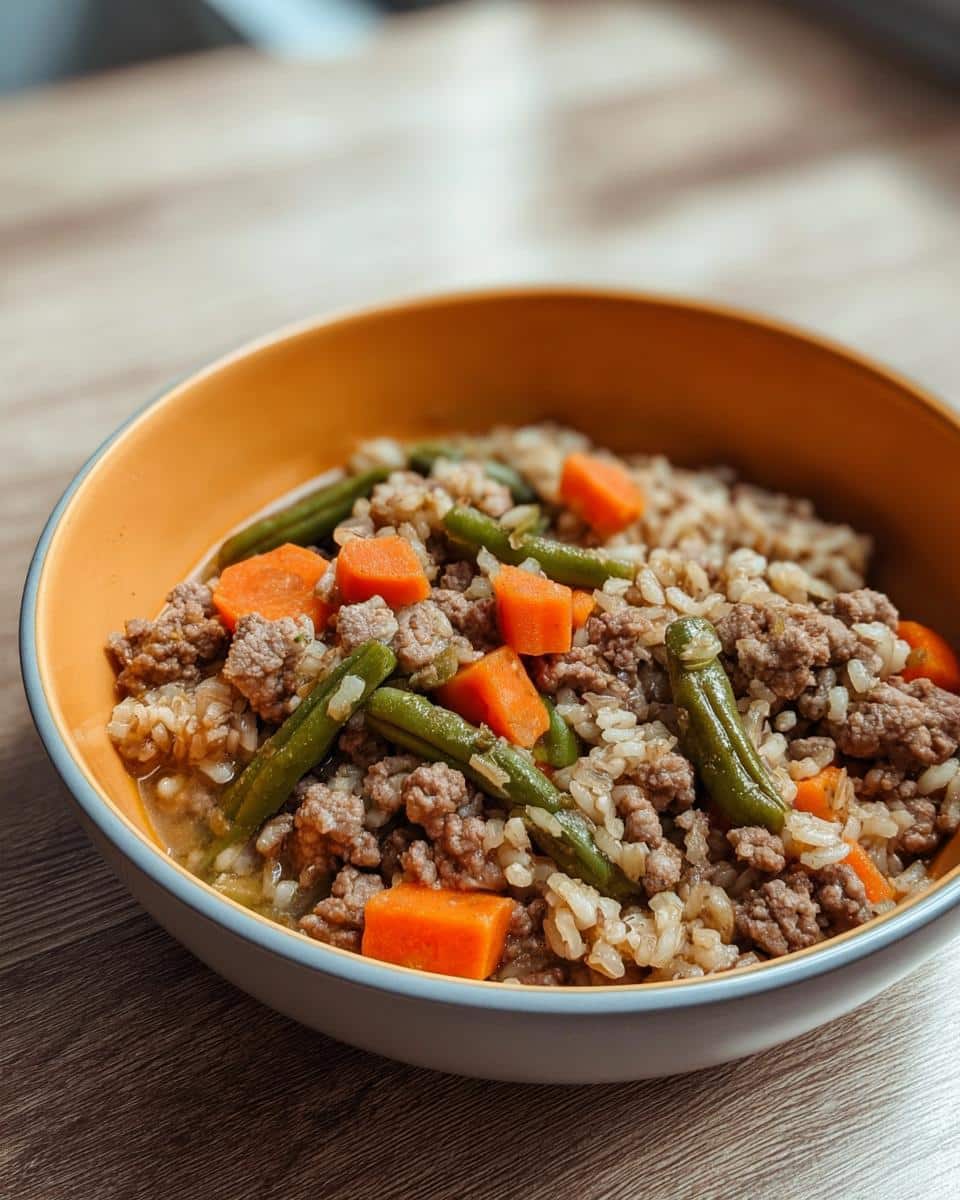 A bowl of homemade Venison, Brown Rice & Carrots Dog Food mixture with ground meat, brown rice, carrots, and green beans.