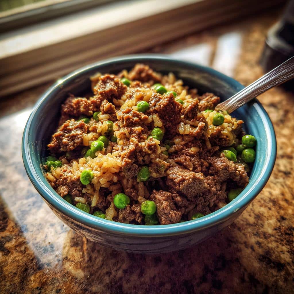 A close-up of a blue bowl filled with homemade Venison, Brown Rice & Peas Dog Food mix.